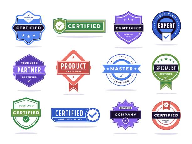 ilustrações de stock, clip art, desenhos animados e ícones de certified badge. company partner tag, checked expert or master accreditation stamp and product certification mark vector set - badge