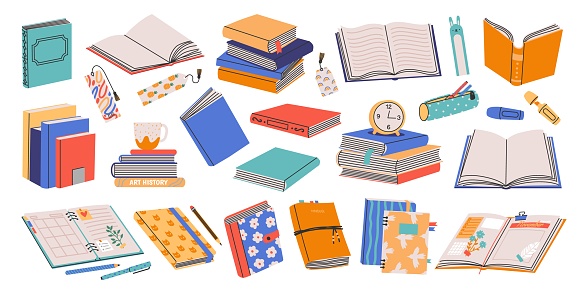 Books collection. Stack of open closed paper notebook diary textbook dictionary planners with bookmarks, cartoon literature. Vector colorful collection of notebook paper, page of book illustration