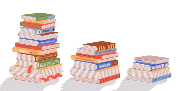 Vector illustration of Book stack. Cartoon pile of handbook textbook education study literature, tower of publication paper supplies for reading in bookstore. Vector set