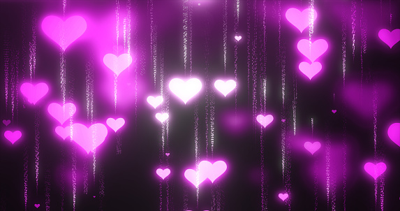 Festive pink purple love background of flying down hearts with blur and glow effect and particles for Valentine's Day. Abstract background. Video in high quality 4k, motion design.