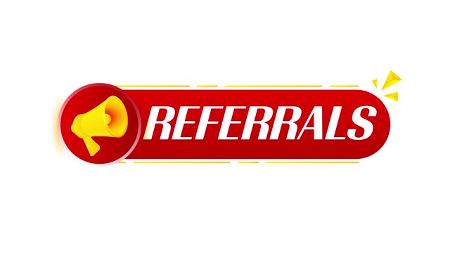 Megaphone with referrals banner on white background. Web design. 4K video animation