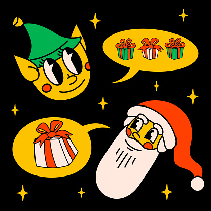 Merry Christmas and Happy New year retro cartoon characters. Groovy hippie Christmas card with Santa Claus and Elf. Vector Cartoon characters and elements