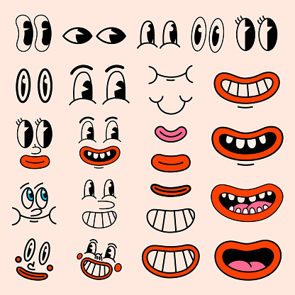 Retro cartoon characters funny faces. Vintage 50s, 60s comic eyes and mouths elements. Smiley vector faces with funny emotions