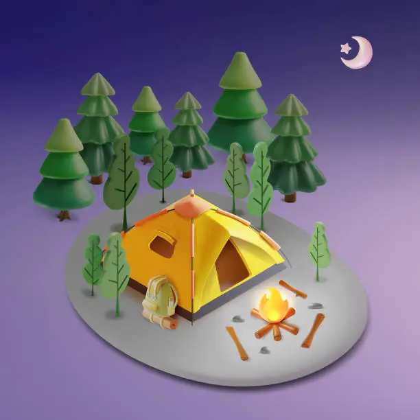 Vector illustration of 3d Go Camping Concept Plasticine Cartoon Style. Vector