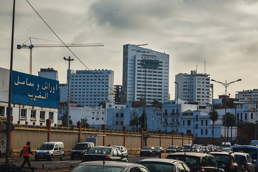 Casablanca, Morocco - 14 January 2018 : view of traffic and hotels buildings in a cloudy day