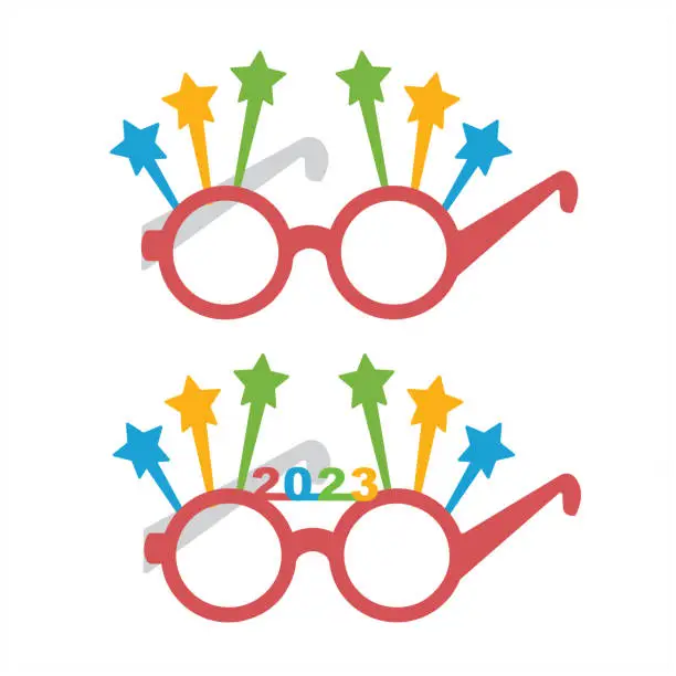 Vector illustration of Party glasses and greetings decorated with stars and new year dawn, ready to be used in New Year's Eve party for 2023.
