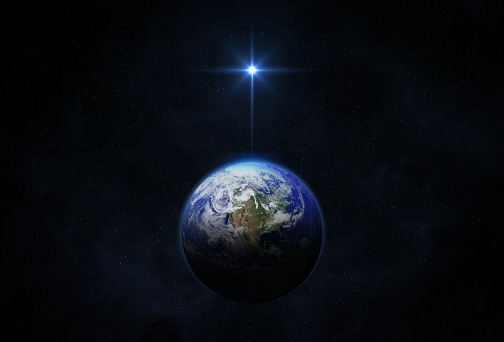 Christmas Star of Bethlehem Nativity, Christmas of Jesus Christ. Planet Earth on dark blue night sky with bright star. Planet Earth in the Starry Sky of Solar System in Space.  Elements of this image furnished by NASA. ______ Url(s):  https://www.nasa.gov/sites/default/files/1-bluemarble_west.jpg\nSoftware: Adobe Photoshop CC 2019. Knoll light factory. Adobe After Effects CC 2017.