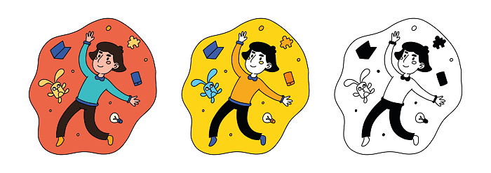 Boy around scattered things. Laptop, lamp, phone, self-development, self-realization, achievement, idea. Vector illustration in flat style of the people in the circle on a white background