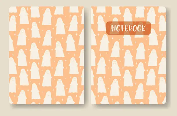 Vector illustration of Vector Halloween cute ghost template for notebook cover.