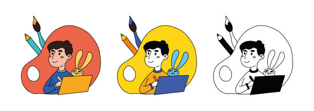 ilustrações de stock, clip art, desenhos animados e ícones de the boy with palette, brushes and paint. the guy is engaged in creativity, draw, pleasant and useful, inspiratio. vector illustration in flat style of the people in the circle on a white background - butterfly single flower vector illustration and painting