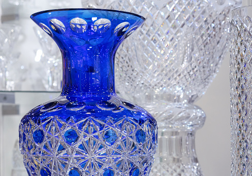 Blue crystal vase details with classic cut close-up.