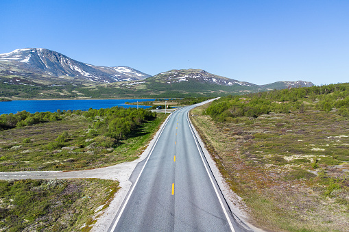 An endless road through the norwegian Dovrefjell Nasjonalpark. Pure nature and idyllic mountain landscape with blue sky
