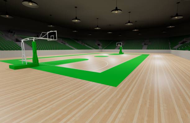 istock Neat empty basketball court with green seats and sidelines 1451133501