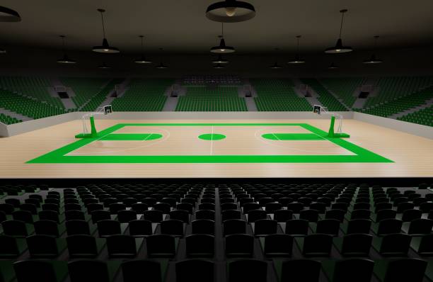 istock Neat empty basketball court with green seats and sidelines 1451133508