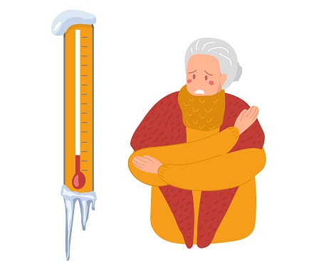 Suffering from cold. Senior woman looking with anger at thermometer from which icicle hangs and trying to keep warm with warm clothe,s warm shawl or winter handkerchief. Flat vector illustration
