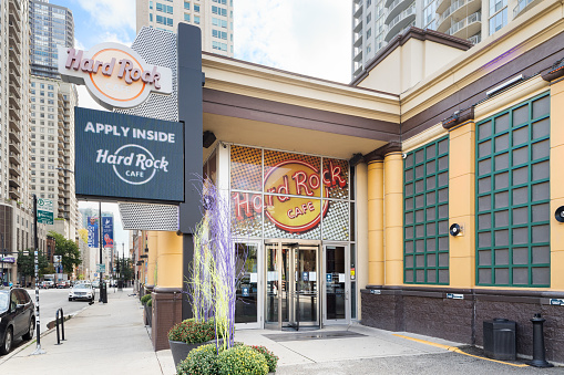 Chicago, IL, USA - October 8, 2021: The Hard Rock Café is a Rock N Roll themed restaurant chain serving burgers and other American classics.