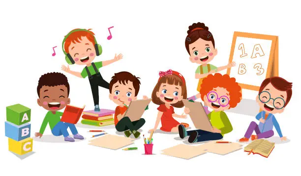 Vector illustration of back to school school classroom and cute happy students