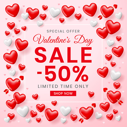 Valentines day sale text with red heart for 14 February special offer.