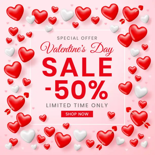 Vector illustration of Valentines Day Sale banner with red hearts on pink background.