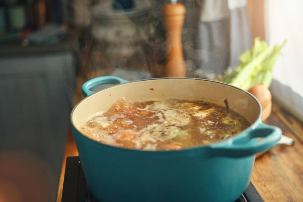 preparazione della zuppa di noodles di pollo con verdure fresche - chicken pot foto e immagini stock