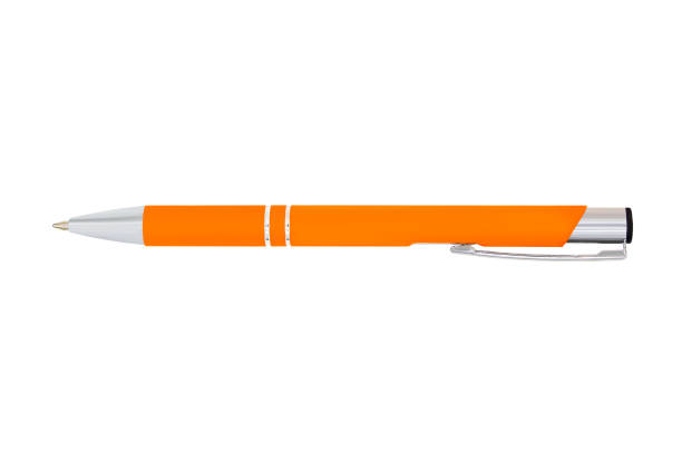 istock Orange automatic ballpoint pen with soft touch coating isolated on a white background 1451138530