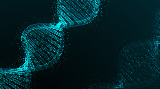 Chromosome DNA and gradually glowing flicker light matter chemical when camera moving closeup. Medical and Heredity genetic health concept. Technology science. 3D illustration rendering