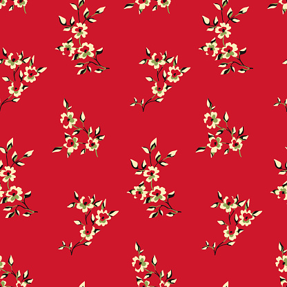 Seamless floral pattern, elegant botanical print with artistic flowers branches on a red background. Vintage flower design with small hand drawn flowers, tiny flowers, leaves. Vector illustration.