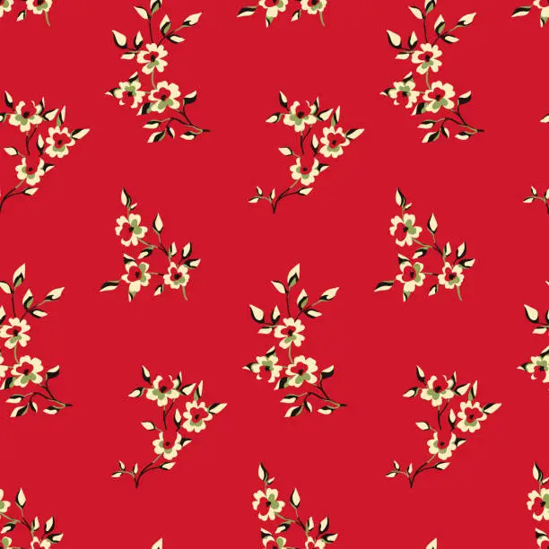 Vector illustration of Seamless floral pattern, vintage flower print with decorative art flowers branches on a red background. Vector illustration.