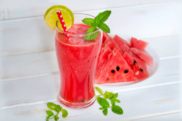 Watermelon Smoothie In A Jar With Mint And Lemon