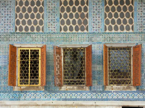 Topkapi palace beautiful windows and decorated walls in Istanbul, Turkey