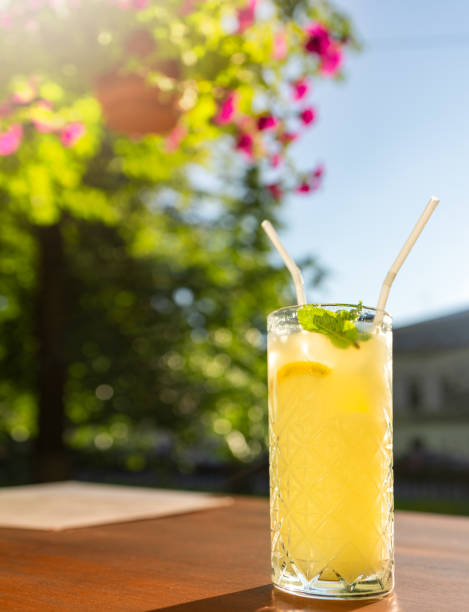 giornata di sole estivo. limonata in un bellissimo bicchiere di cristallo. bevanda rinfrescante - limonata foto e immagini stock