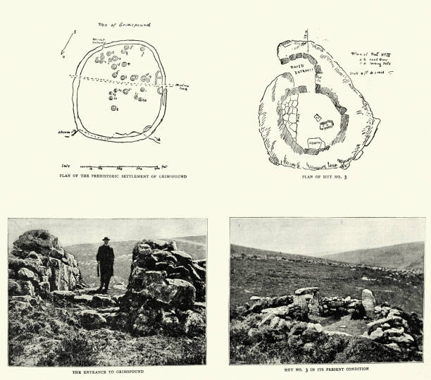 グリムスパウンドの遺跡の計画と写真は、デボンのダートムーアにある青銅器時代後期の集落です。 - prehistoric antiquity illustrations点のイラスト素材／クリップアート素材／マンガ素材／アイコン素材