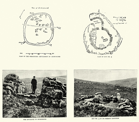 Vintage illustration Plans and pictures of the ruins of Grimspound is a late Bronze Age settlement, situated on Dartmoor in Devon, 1890s, 19th Century