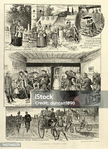 istock Sketches of a Ladies cycling club, Part 2, Victorian cartoon, dancing in country pub, church, 1890s, 19th Century 1451146529