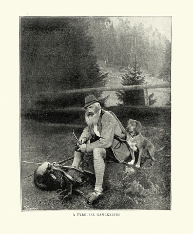 Vintage illustration After a photograph of Tyrolese Gamekeeper and his dog, Traditional Austrian costume, dead deer, 1890s, 19th Century