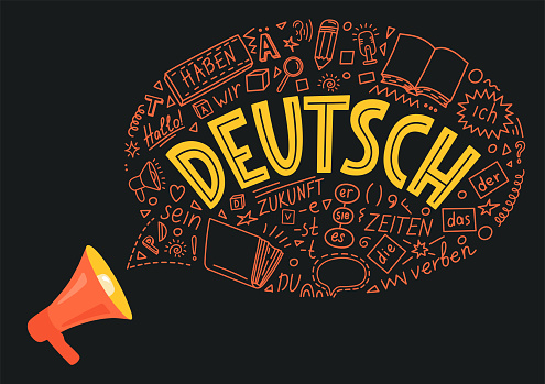 Deutsch. Megaphone with German language doodle and lettering. Translation: German. Der, die, das, er, sie, es, ich, haben, zeiten, sein, zukunft, hallo, verben, du. Translation: the, he, she, it, me, have, times, be, future, hello, verb, you