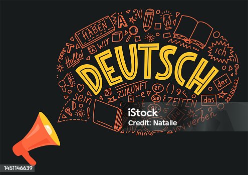istock Deutsch. Megaphone with German language doodle and lettering. 1451146639