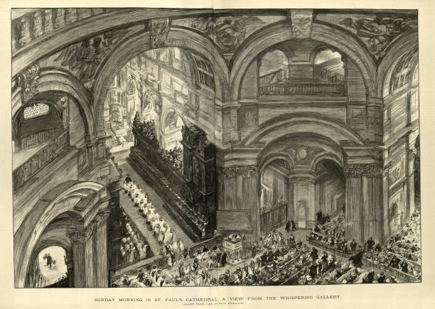 View from the Whispering Gallery, Sunday morning in St Paul's Cathedral, London, 1890s, 19th Century vector art illustration