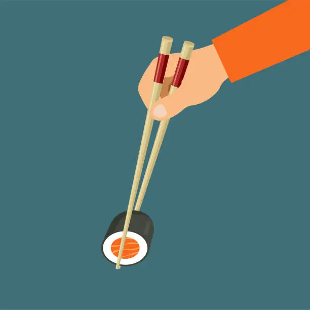 Vector illustration of Hand holds salmon maki roll by chopsticks.