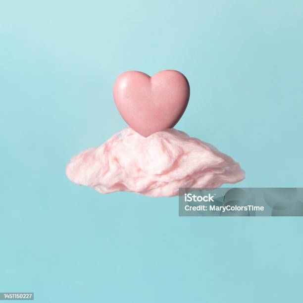Minimal Valentines Day Idea Light Pink Heart On Pastel Cloud Creative Love Concept Seventh Heaven Composition Stock Photo - Download Image Now