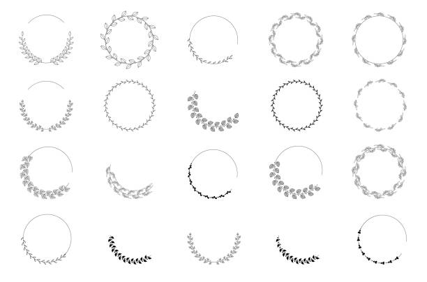 빈티지 월계관 컬렉션. 검은 월계관 프레임 세트입니다. 손으로 그린 벡터 월계관은 장식 요소를 남깁니다. 벡터 그림입니다. - silhouette leaf ornate ancient stock illustrations
