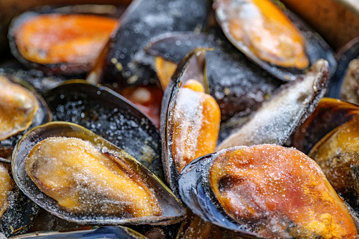 Frozen mussels close up