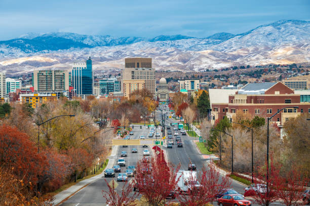 Boise , Idaho downtown with first snow Boise , Idaho downtown boise river stock pictures, royalty-free photos & images