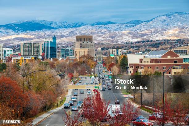 Boise Idaho Downtown With First Snow Stock Photo - Download Image Now - Idaho, Boise, Idaho State Capitol