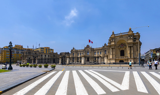 Lima, Peru, November 2, 2021: View of the Presidential palace on the Plaza Mayor in the historic center of the Peruvian capital.