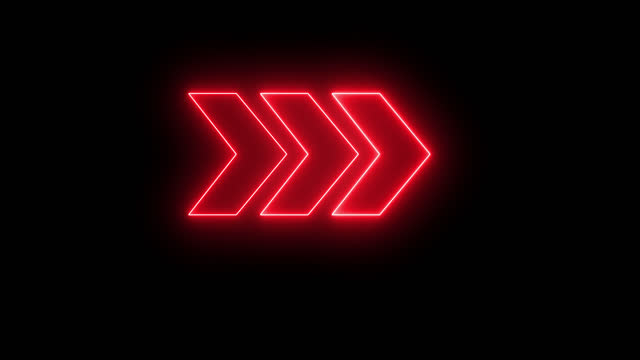 4K Red Direction Sign. Glowing Neon Three Arrow Instruction Pointer. Seamless Loop Icon. Alpha Channel Vivid Pictogram. Stock Video.
