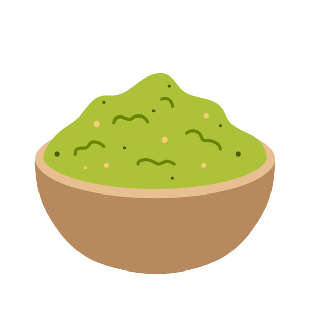 guacamole. mexikanische avocado-gewürzsauce. handgezeichnete farbige flache vektorillustration isoliert auf weißem hintergrund. - guacamole bowl mexican culture drawing stock-grafiken, -clipart, -cartoons und -symbole