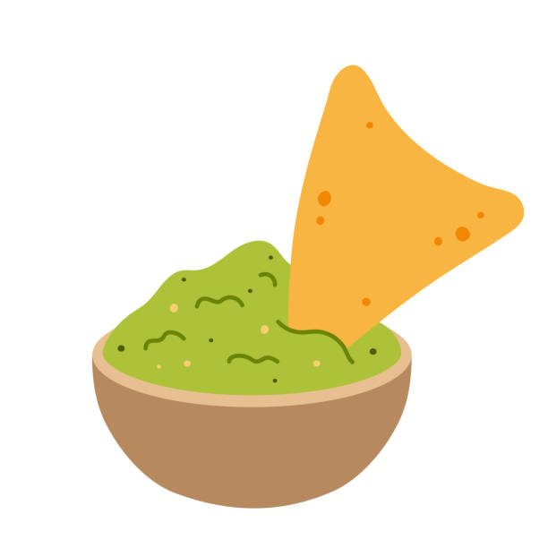 Nachos with guacamole. Traditional Mexican food. Corn tortilla chips and avocado sauce. Hand-drawn colored flat vector illustration isolated on white background. Nachos with guacamole. Traditional Mexican food. Corn tortilla chips and avocado sauce. Hand-drawn colored flat vector illustration isolated on white background. guacamole stock illustrations