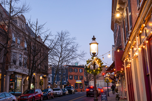 Doylestown, USA - December 18, 2022. Downtown Doylestown with Christmas decoration at night, Pennsylvania, USA