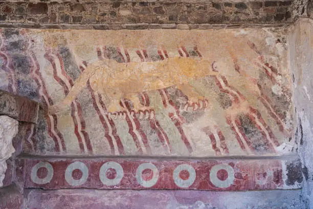 Photo of Jaguar mural painted by ancient civilization that lived in Teotihuacan, Mexico.